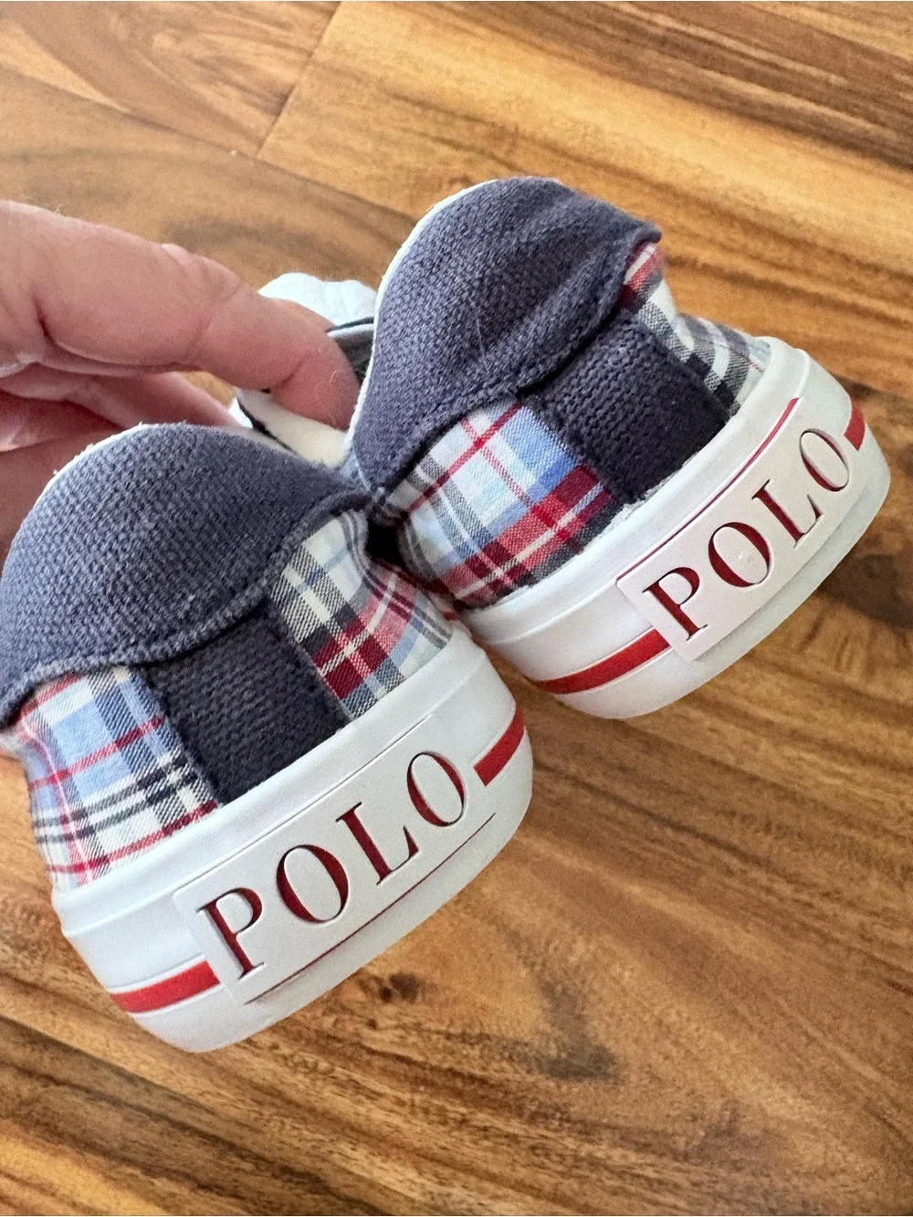 Ralph Lauren Polo Little Kids Navy & Red Plaid Canvas Logo Sneakers 13 Shoes